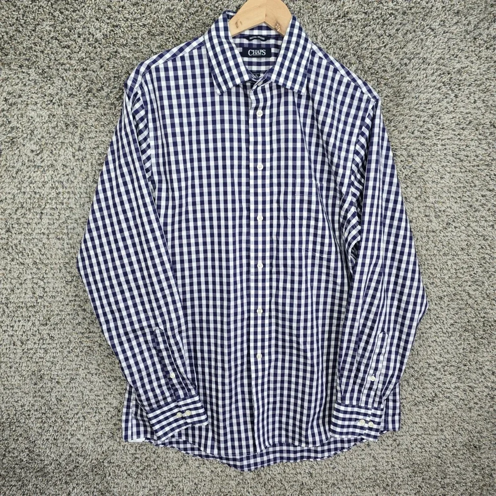 Chaps Shirt Mens 16 34/3 Blue Button Up Gingham Check Non Iron Cotton Casual‎